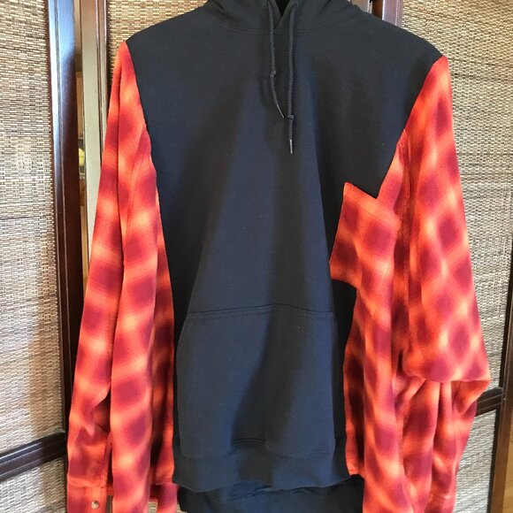 Upcycled Pullover Hoodie, Plus Size: Patchwork Flannel Sweatshirt, Red Plaid - Picture 13 of 13